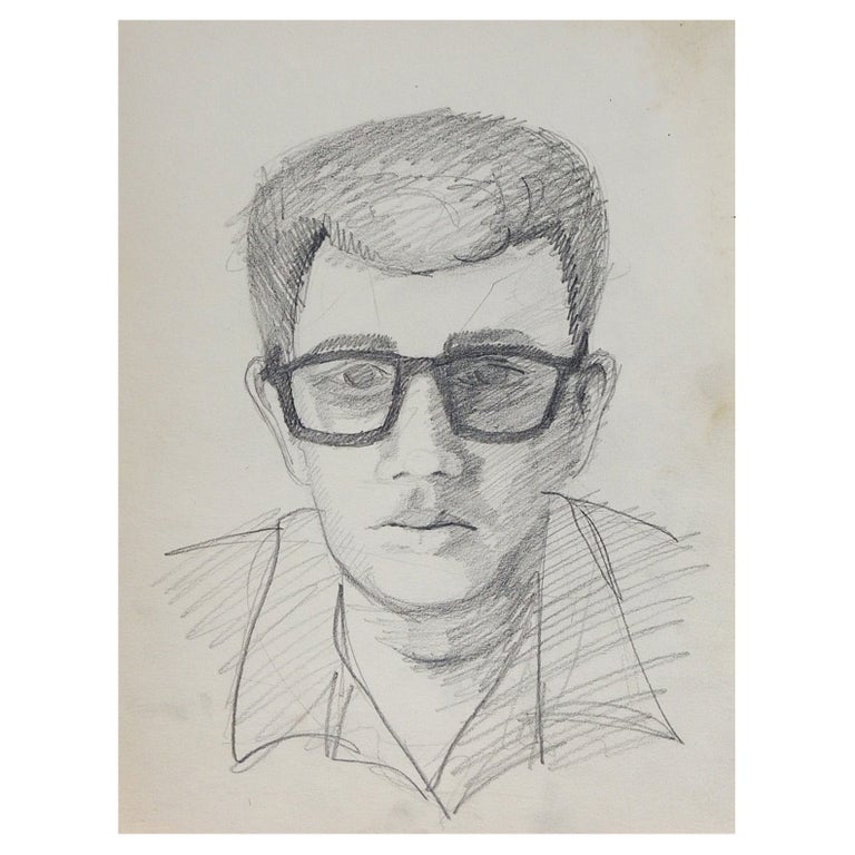 Vintage Mid Century Man in Glasses Portrait Drawing For Sale at 1stDibs