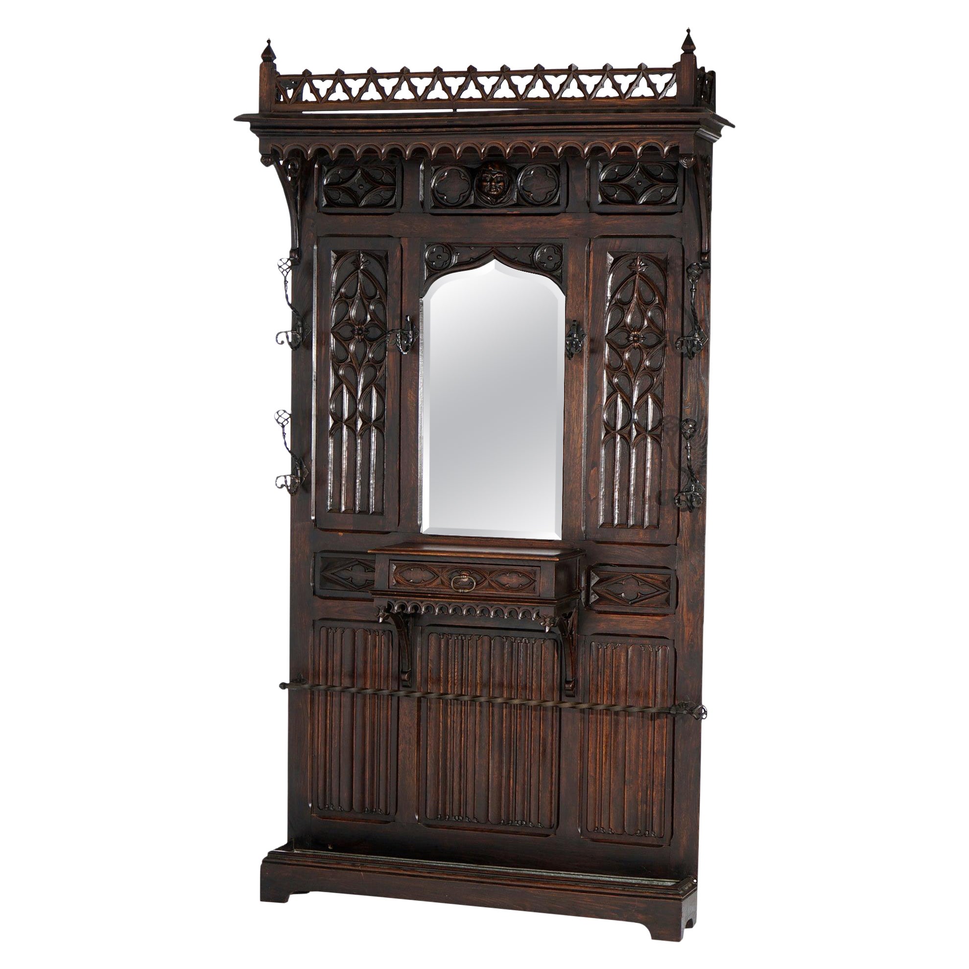 Large Antique Gothic Revival Figural Carved English Oak Hall Mirror, c1900