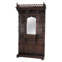 Large Antique Gothic Revival Figural Carved English Oak Hall Mirror, c1900