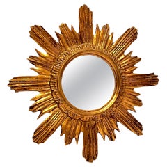 Vintage Sunburst Starburst Mirror Wood Stucco, Italy, circa 1960s