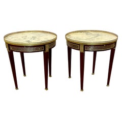 Pair of Marble Top Greek Key Bouillotte or End Tables, Manner of Maison Jansen