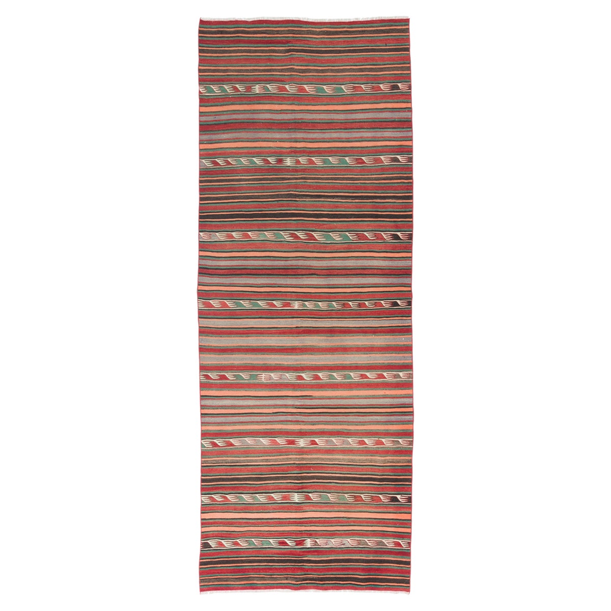 farbenfroher Nomaden-Kelim-Teppich, 100 % Wolle, 4.3x11.4 Ft. Vintage gestreifter Läuferteppich