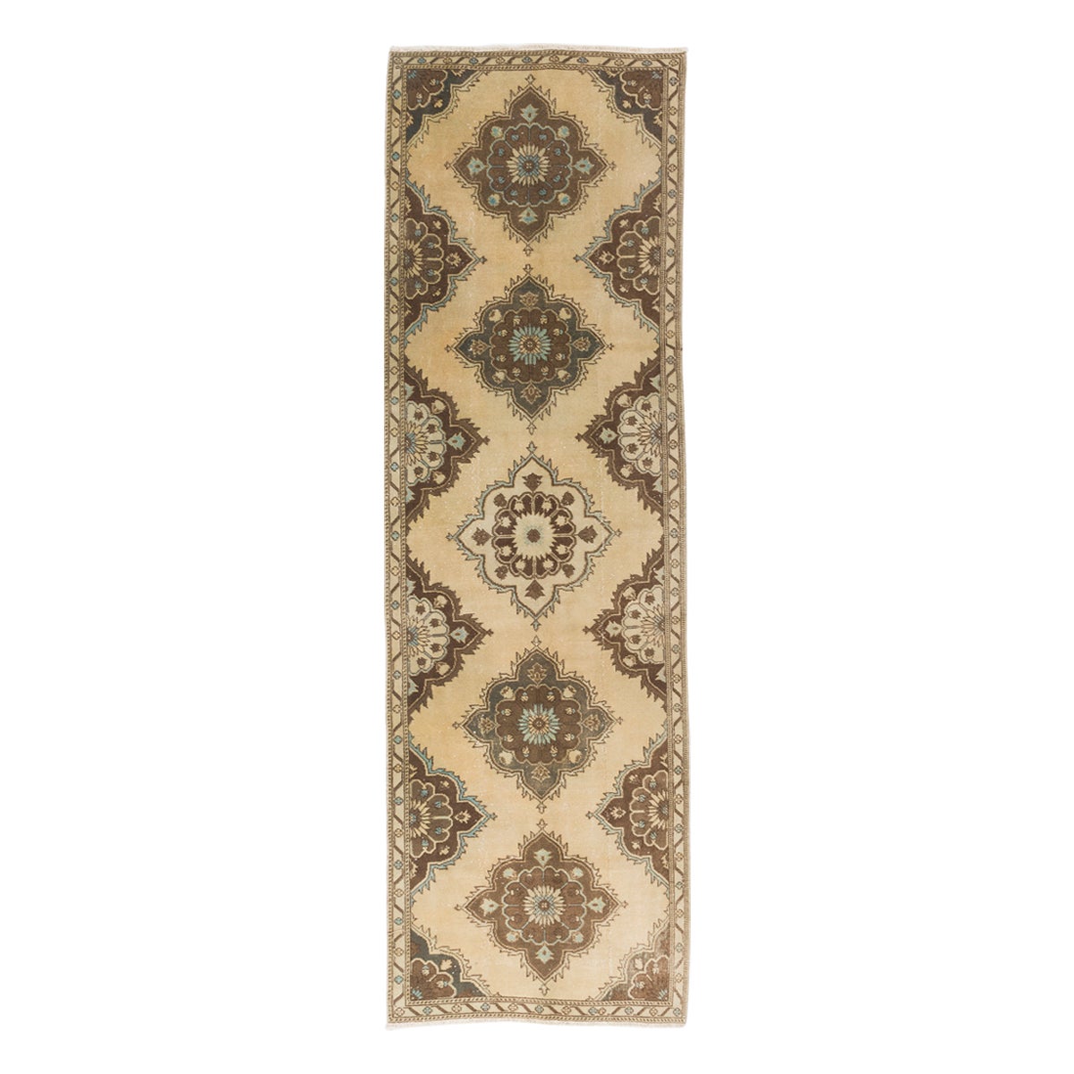 3.6x11.7 Ft Vintage Oushak Runner, Authentic Hand-Knotted Turkish Rug in Beige For Sale