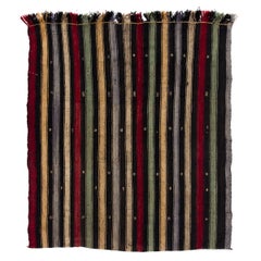 Retro 5.3x6 Ft Turkish Kilim 'Flat-Weave' with Vertical Bands, 100% Wool, Colorful Rug