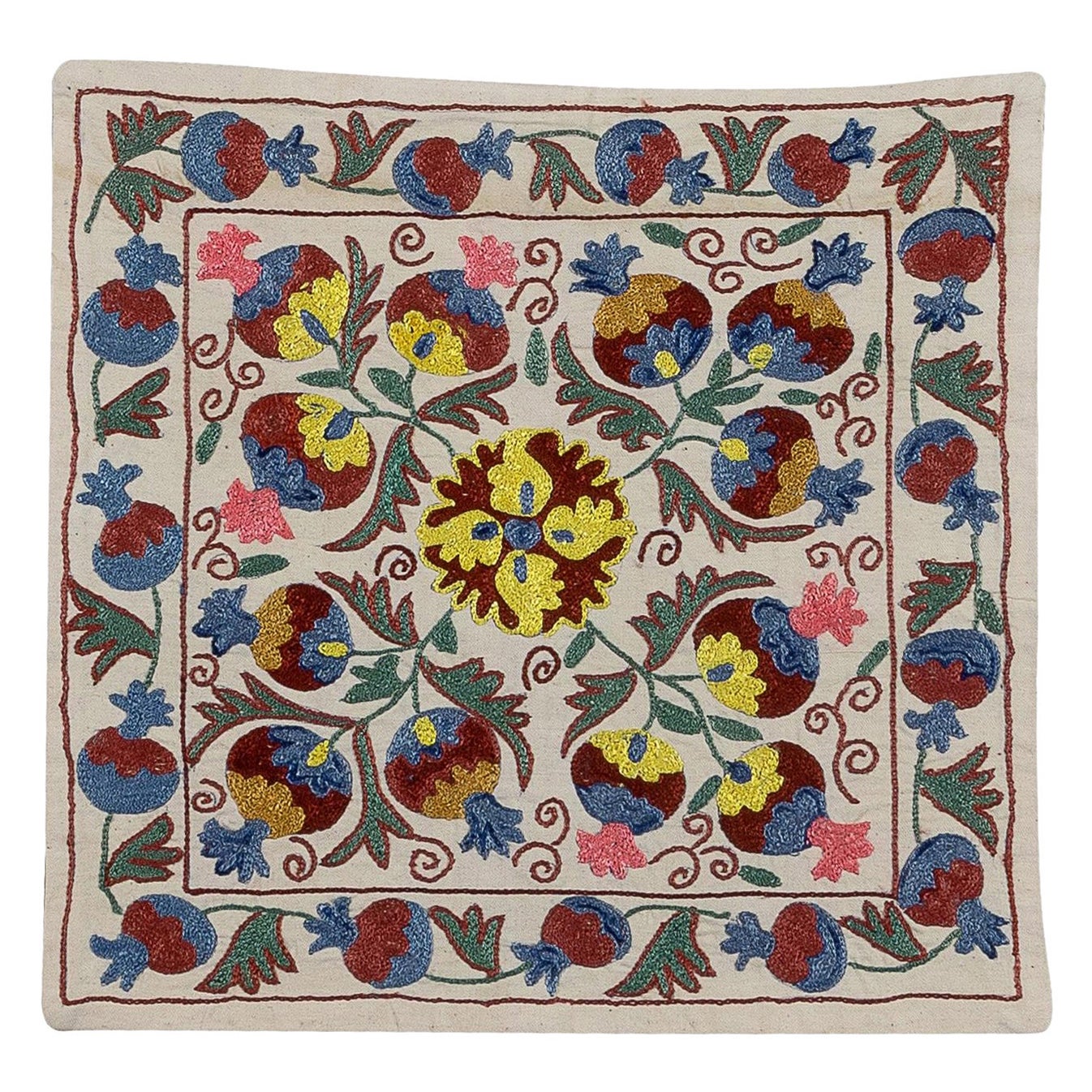 18"x19'' Decorative Uzbek Suzani Cushion Cover, Silk Embroidery Pillow Cover