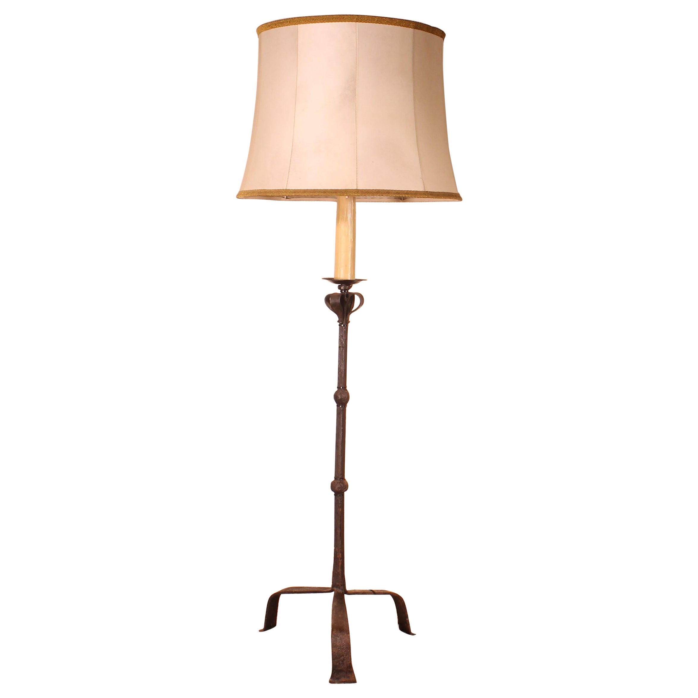 Torchiere or Floor Lamp in Wrought Iron with a Lampshade in Goatskin For Sale