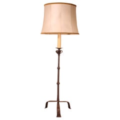 Antique Torchiere or Floor Lamp in Wrought Iron with a Lampshade in Goatskin