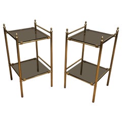 Pair of Brass Side Tables with Smoked Glass Shelves In the style of Maison Janse