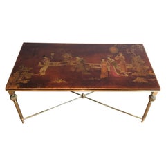 Vintage Brass Coffee Table with Wood Lacquered Top Representing Chinese Scenes