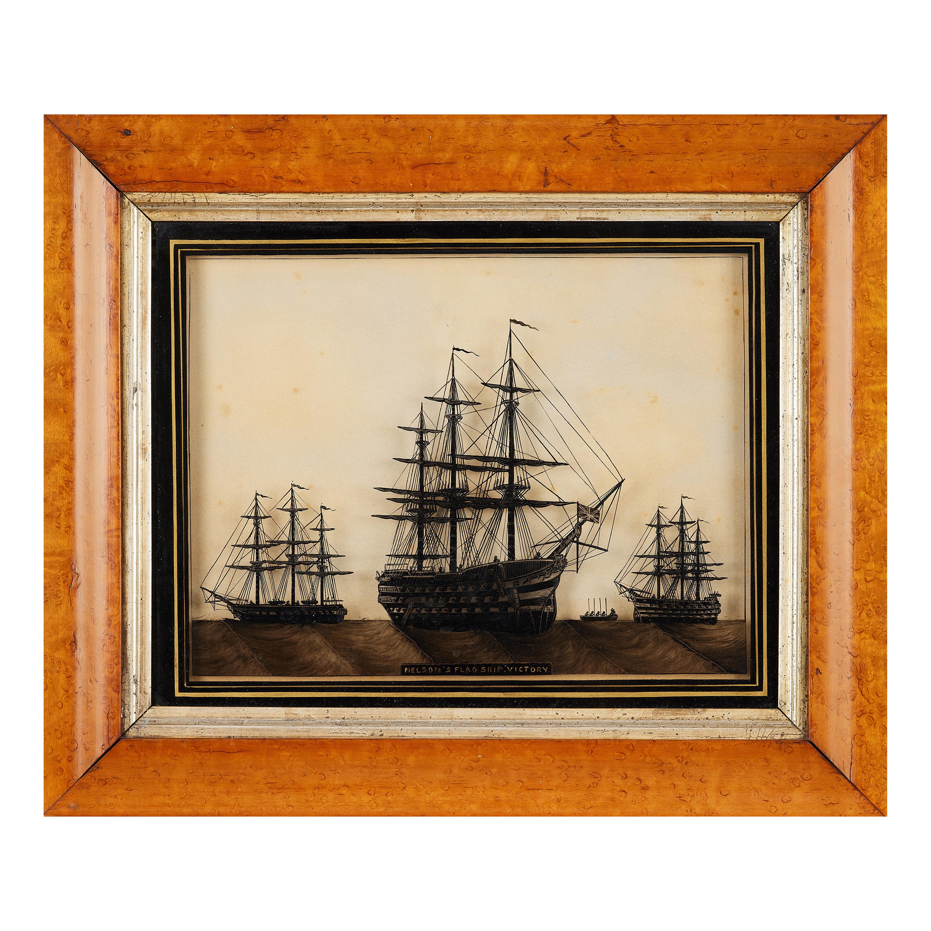 Peinture en verre inversé encadrée d'érable du 19ème siècle représentant la victoire de Nelson sur le navire phare