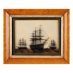 Antique 19th Century Maple Framed Reverse Glass Painting of Nelson's Flagship Victory