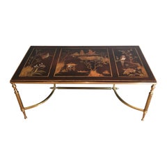 Brass Coffee Table with Wood Lacquered Top Representing Chinese Scenes