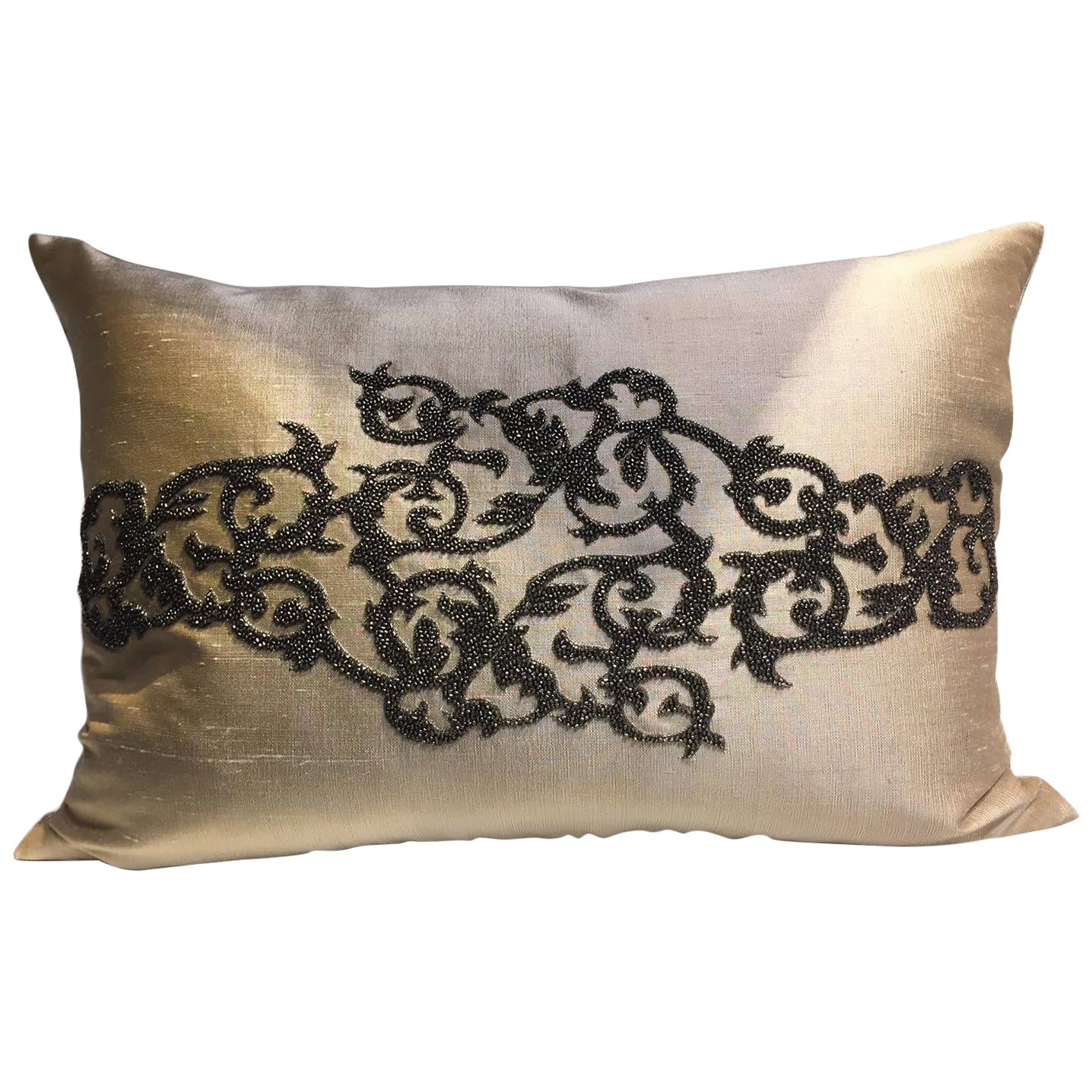 Silk Cushion Color Birch Silver Beading Damask Design Hand Embroidery