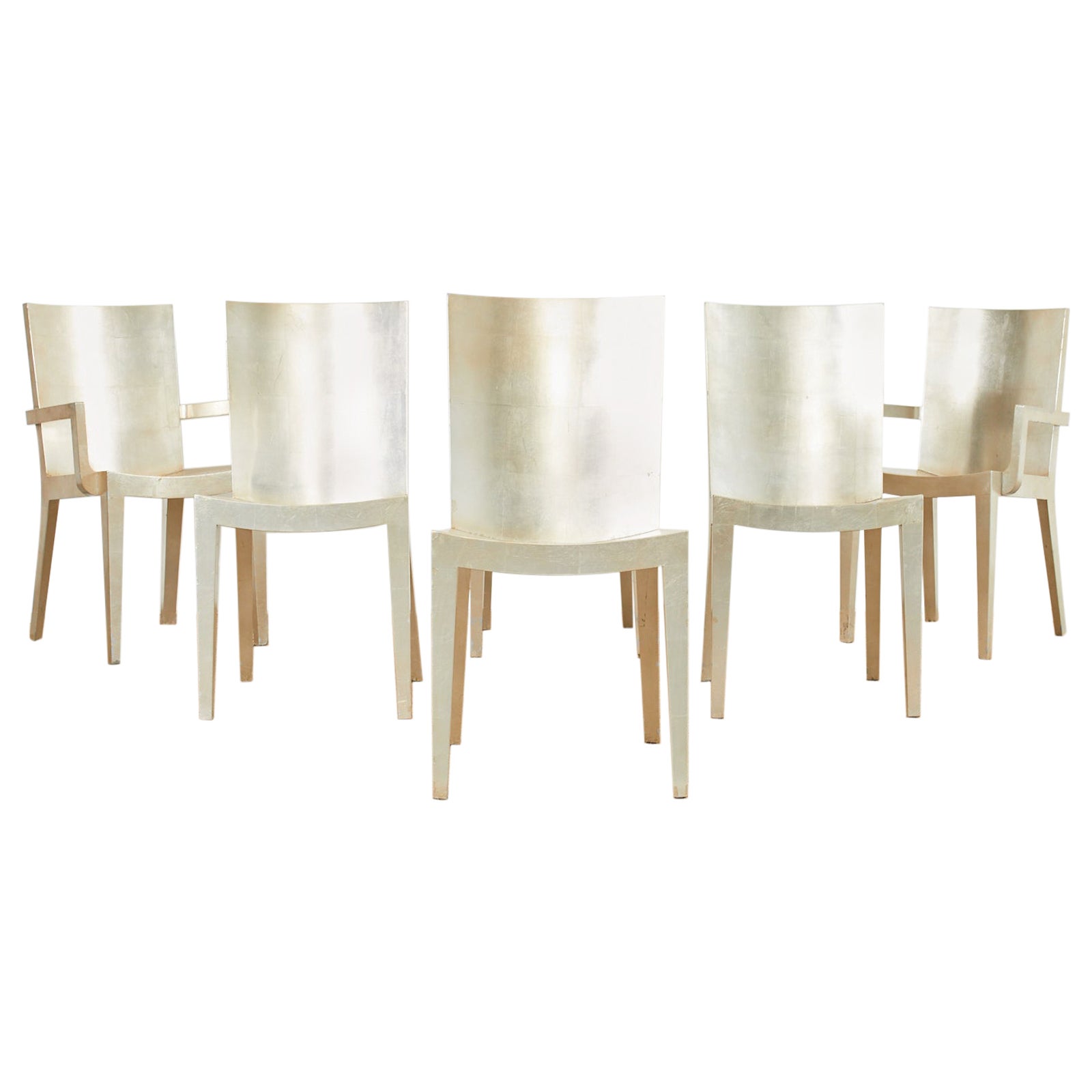 Set of Six Karl Springer JMF Silver Leaf Dining Chairs For Sale