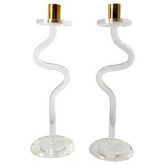 Retro Pair of Candlesticks Polycarbonate Brass Candleholder, French, circa 1980