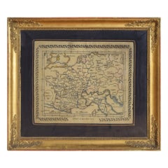 Mapa francés de punto de aguja, Europa Central 1838, en marco de madera dorada de época