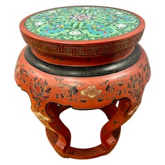 Chinese Handpainted Painted Red Garden Stool Pedestal with Cloisonne Top