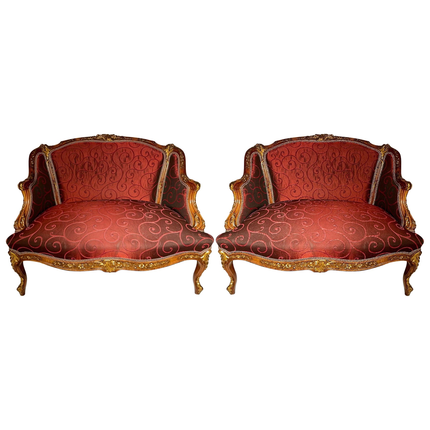 Pair Antique French Carved Walnut Bergères Armchairs, Circa 1880