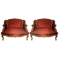 Pair Antique French Carved Walnut Bergères Armchairs, Circa 1880