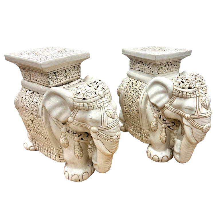 Pair of Chinese White Elephant Ceramic Garden Stools Plant Stands For