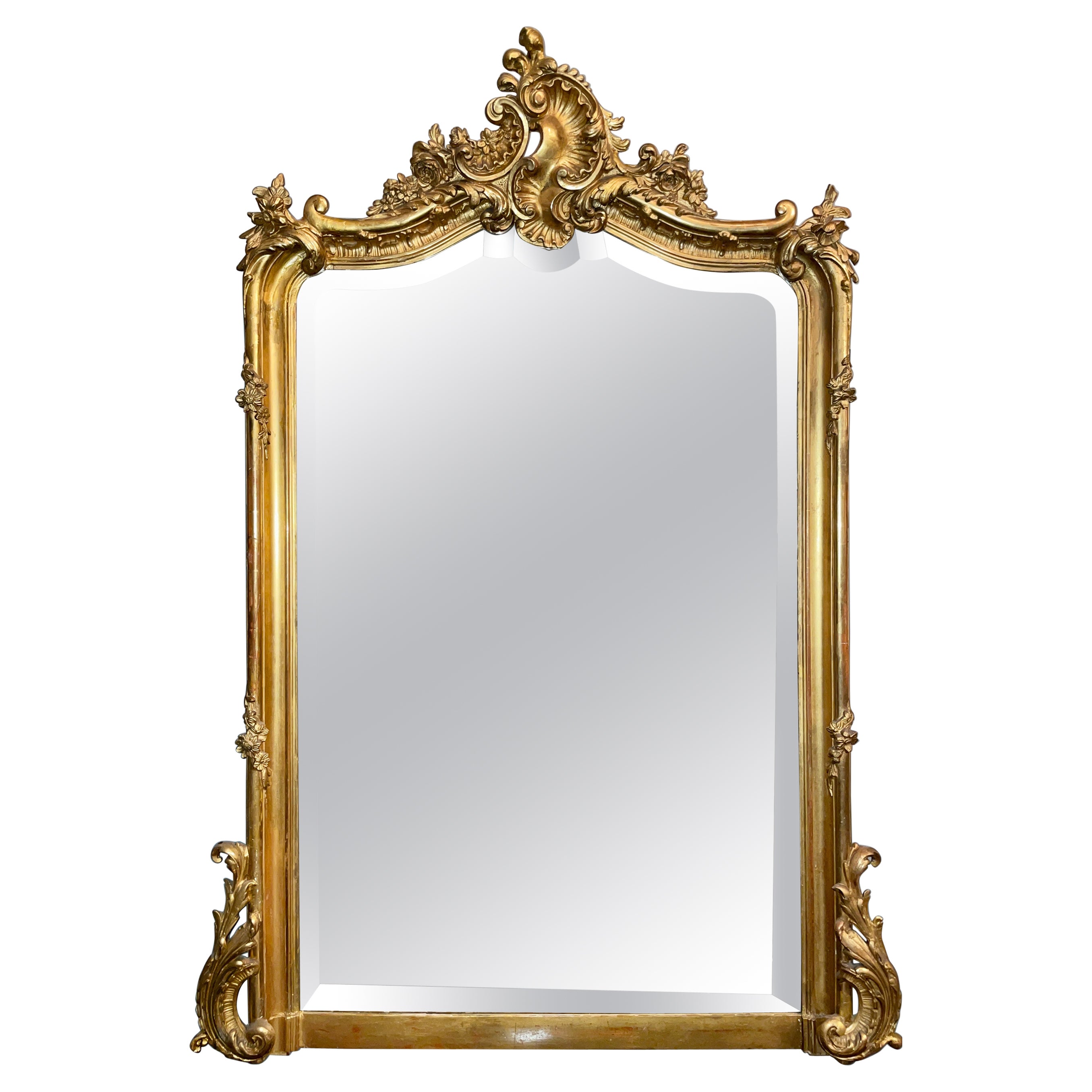 Antique French Louis XV Carved Wood & Gold-Leaf Beveled Mirror, Circa 1880