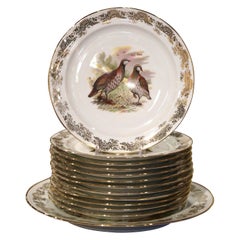 French Limoges Porcelain Service with Bird Motifs Signed Benoit - Set of 13
