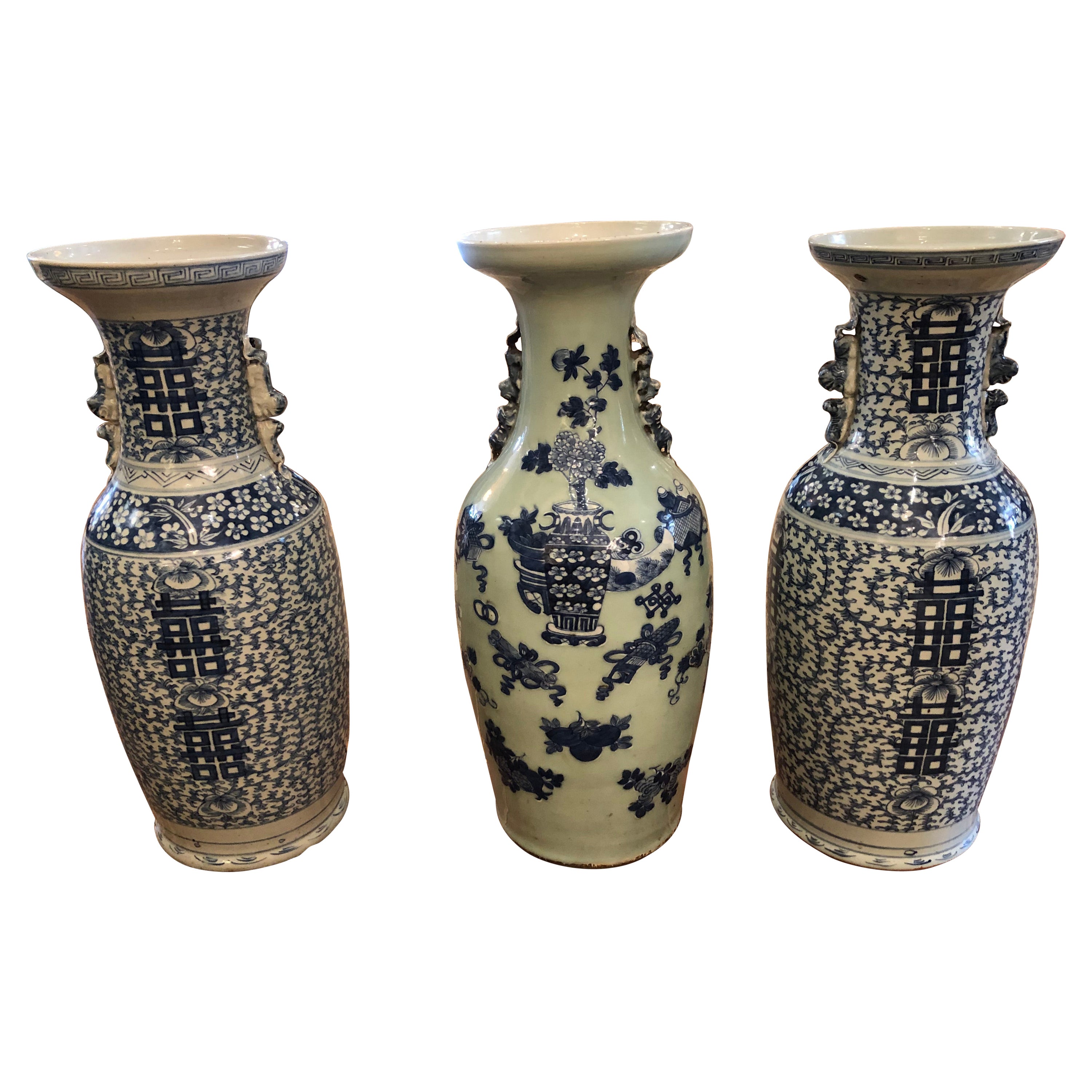 Very Large Impressive Trio Collection of 3 Blue & White Chinese Vases For Sale