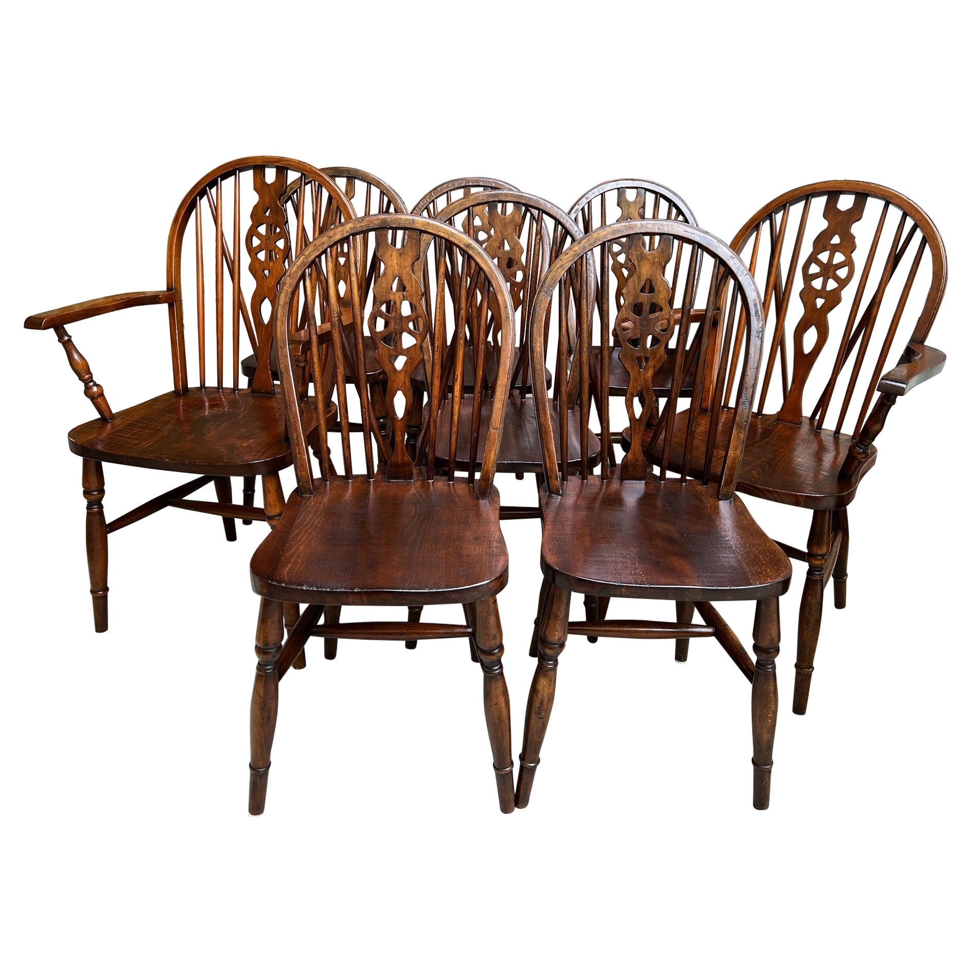 Set 8 Vintage English Dining Chairs Windsor Wheelback Dark Oak W 