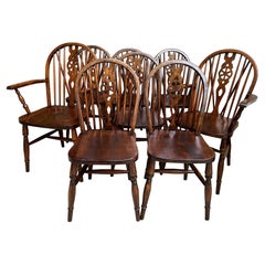Set 8 Vintage English Dining Chairs Windsor Wheelback Dark Oak W Armchairs