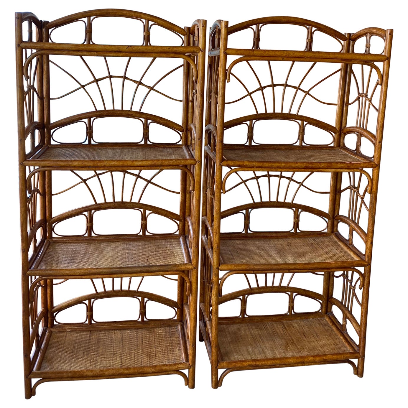 Vintage Palm Beach Pair of Rattan Bamboo Etageres Shelves For Sale