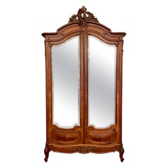 Antique French Louis XV Carved Walnut 2 Door Armoire w/ Original Mirrors Ca 1900