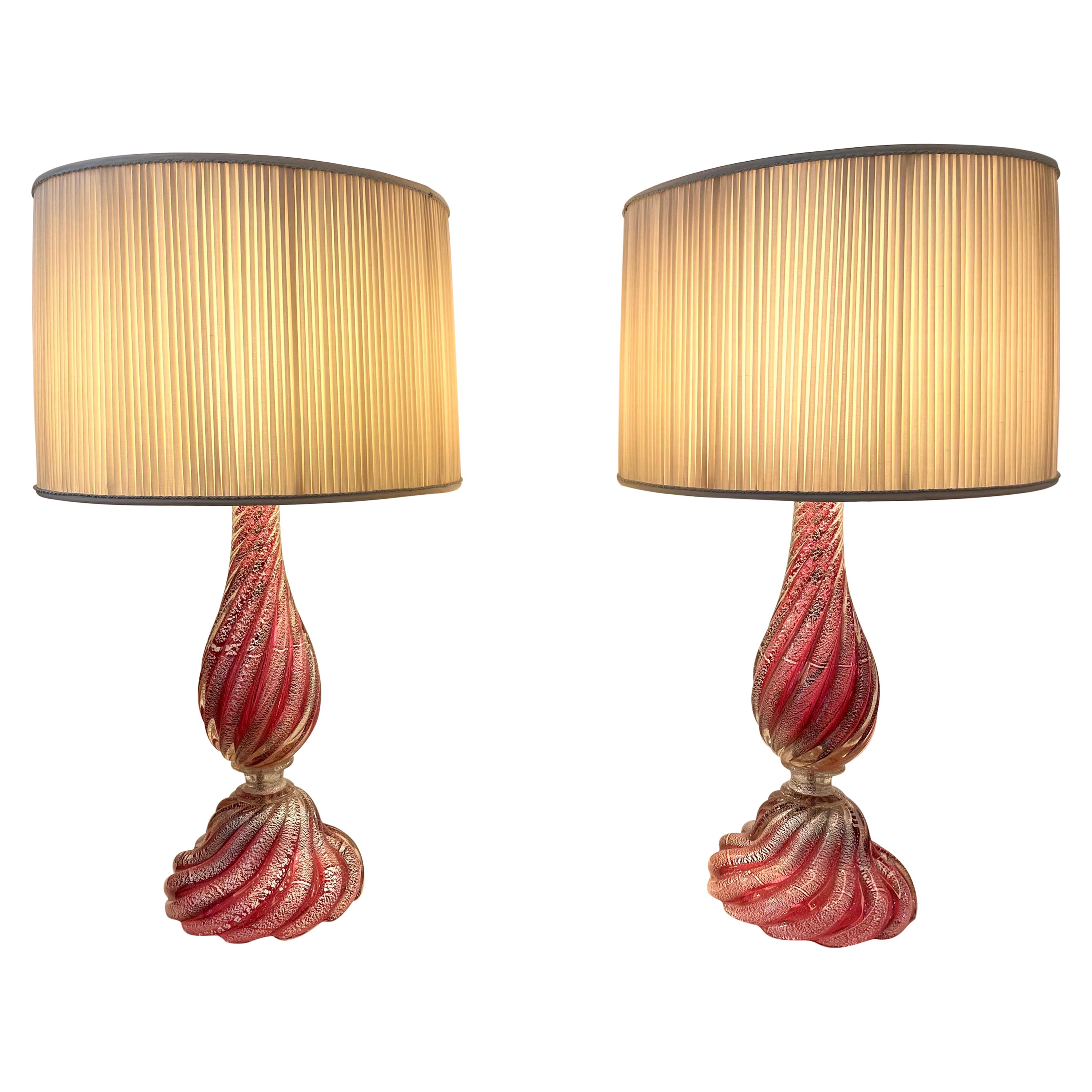 Oversized Raspberry Murano Glass Lamps W/ Silver Foil Inclusions by Barovier For Sale