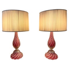 Oversized Raspberry Murano Glass Lamps W/ Silver Foil Inclusions by Barovier