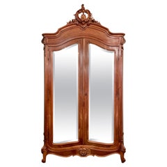 Antique French Louis XV Carved Walnut & Beveled Mirror 2-Door Armoire Circa 1880