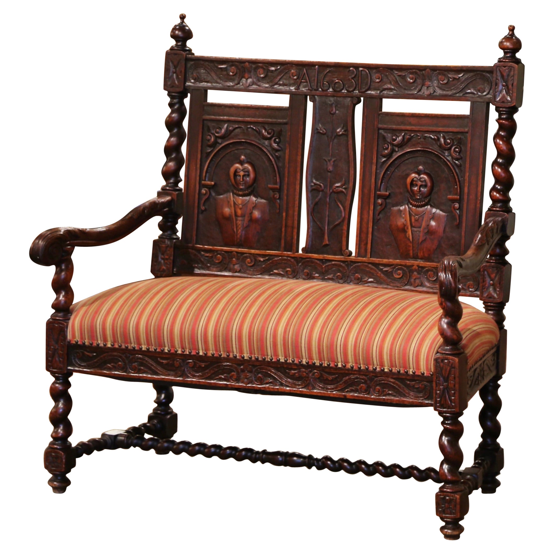 19th Century French Louis XIII Barley Twist Walnut Bench with Upholstered Seat For Sale