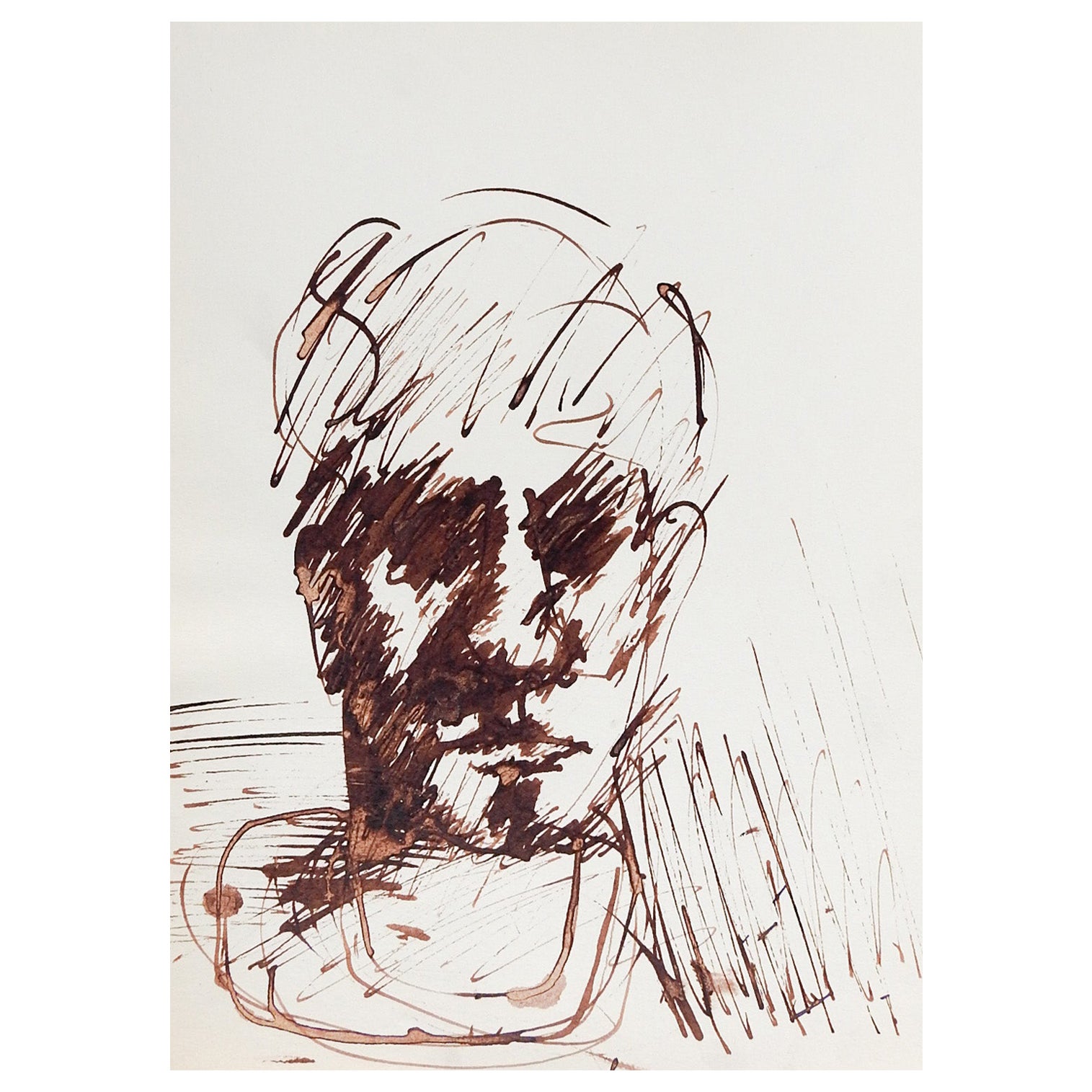 Vintage Mid-Century Impressionist Man Sepia Portrait Drawing For Sale