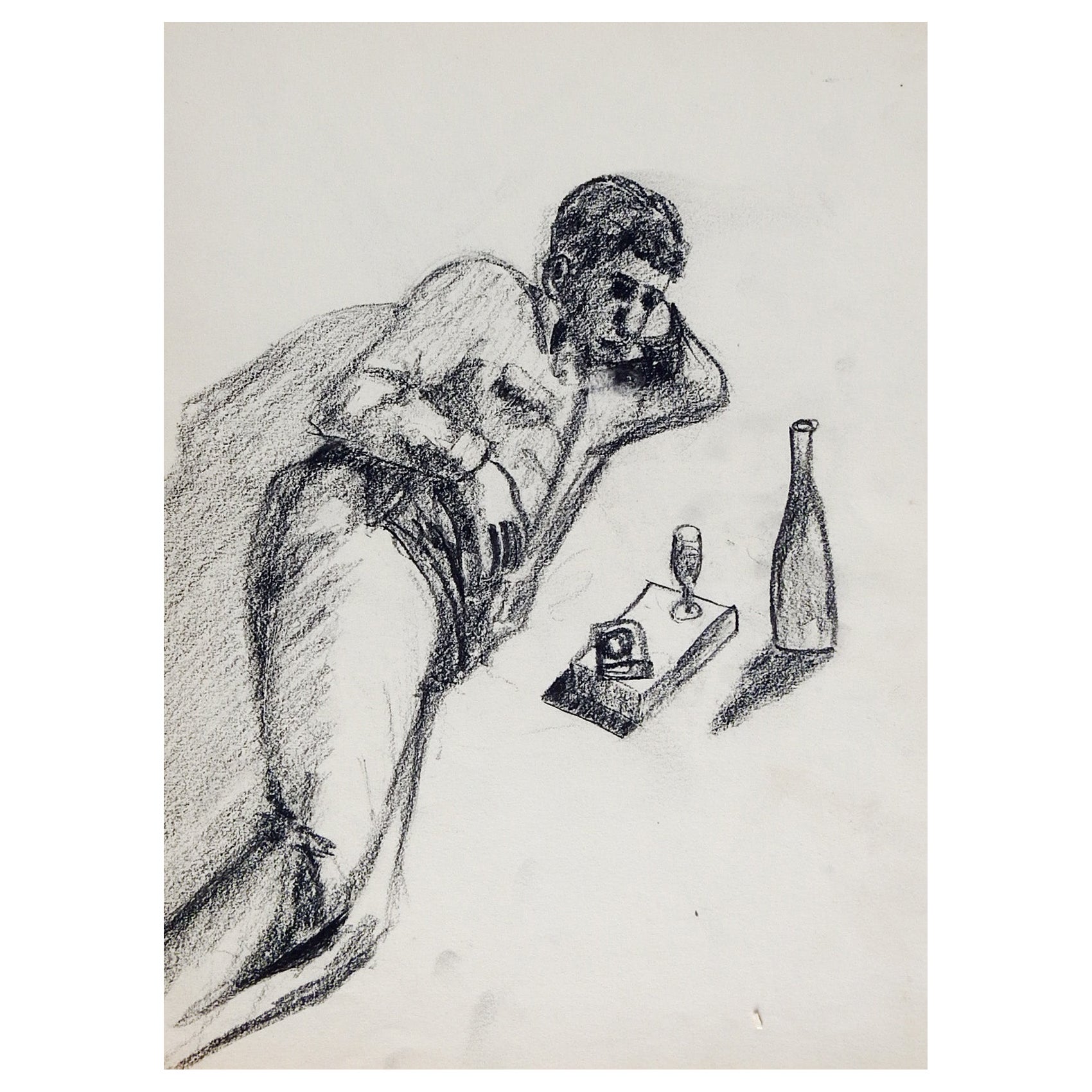 Vintage Mid-Century Man & Wine Charcoal Drawing For Sale