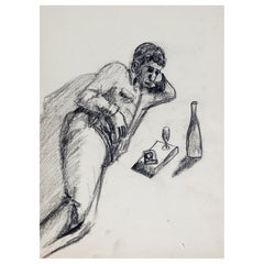 Vintage Mid-Century Man & Wine Charcoal Drawing