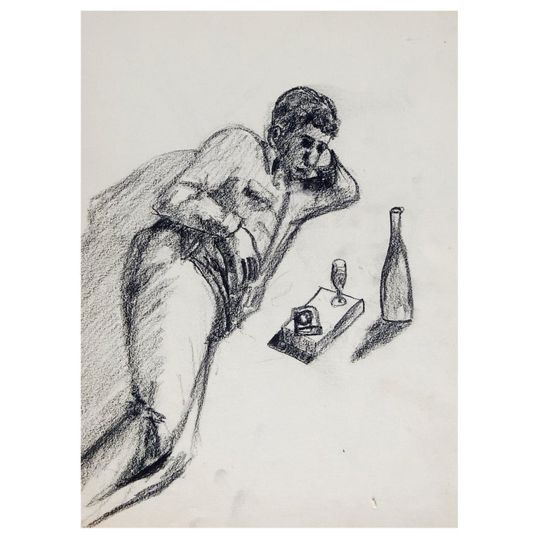 Vintage MidCentury Man and Wine Charcoal Drawing For Sale at 1stDibs