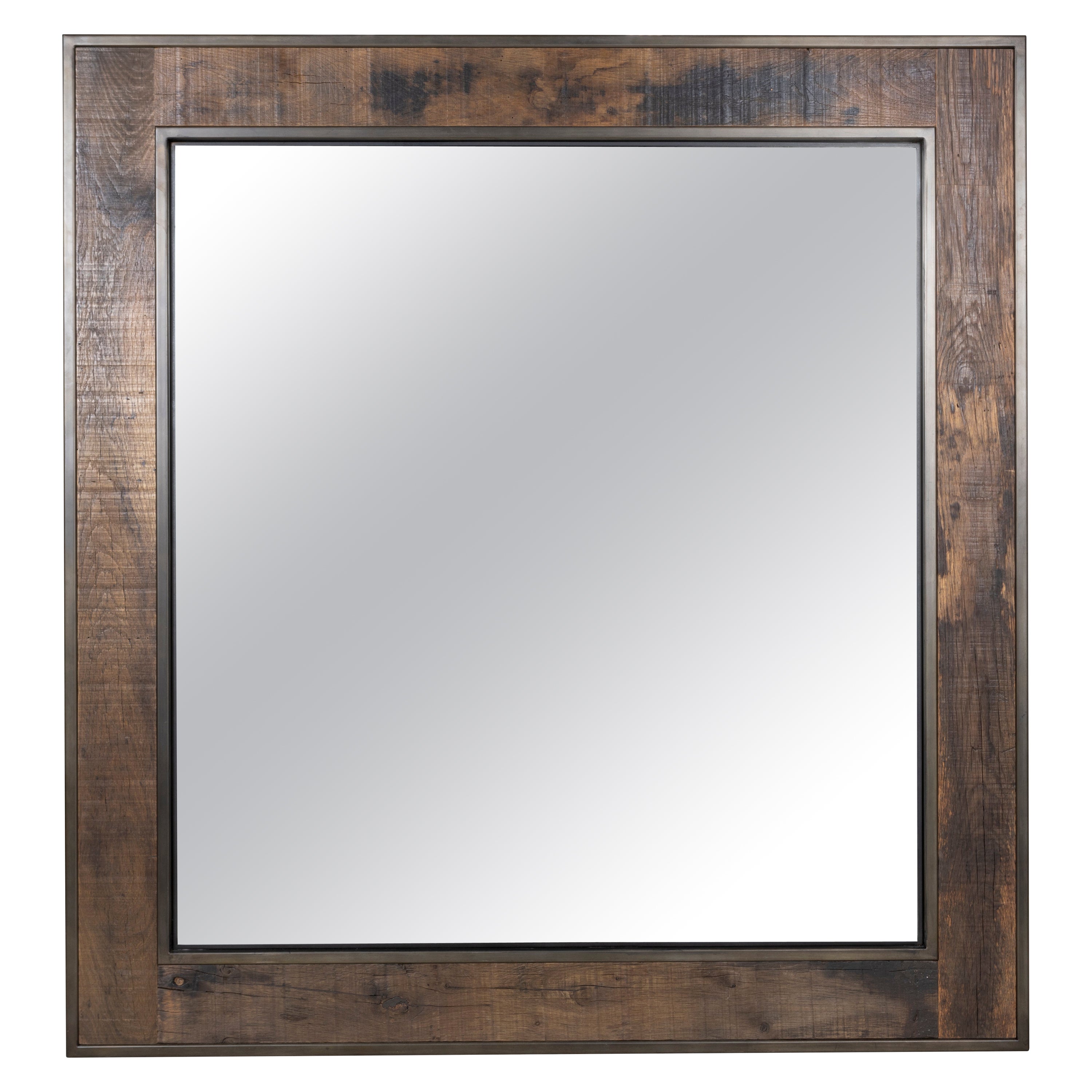 Square Metal Frame Mirror with Wood Panel Inlay For Sale
