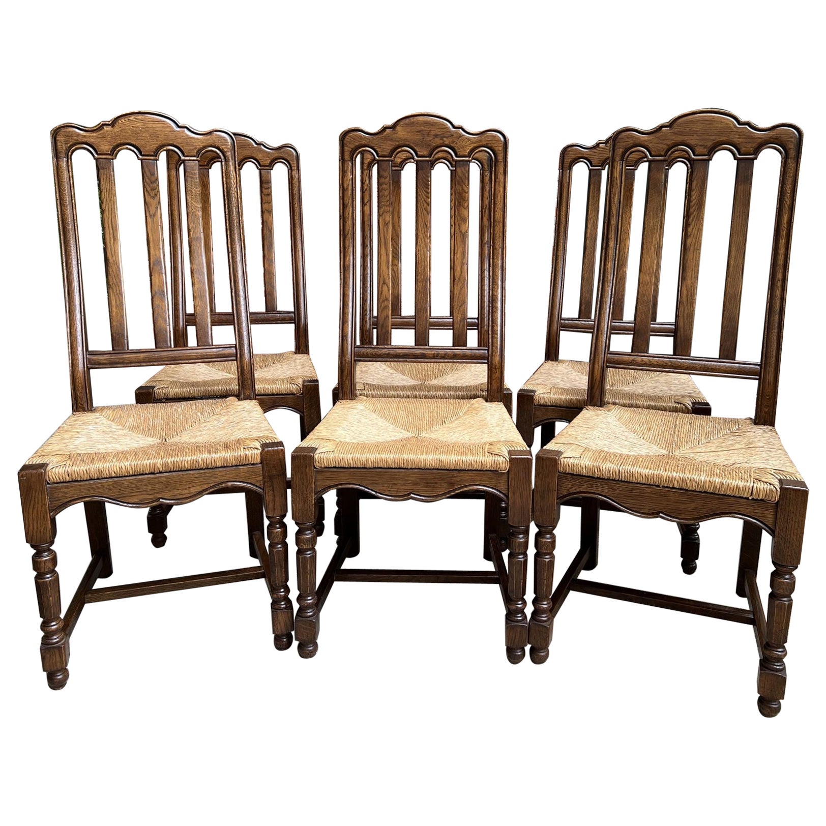 Six French Dining Chairs Oak Chairs Rush Seats, Early 20th Century at