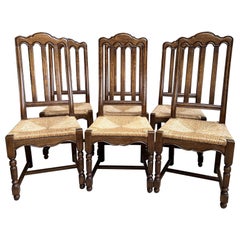 Set Six Vintage French Tall Dining Side Chairs Oak w Rush Seats Mid Century