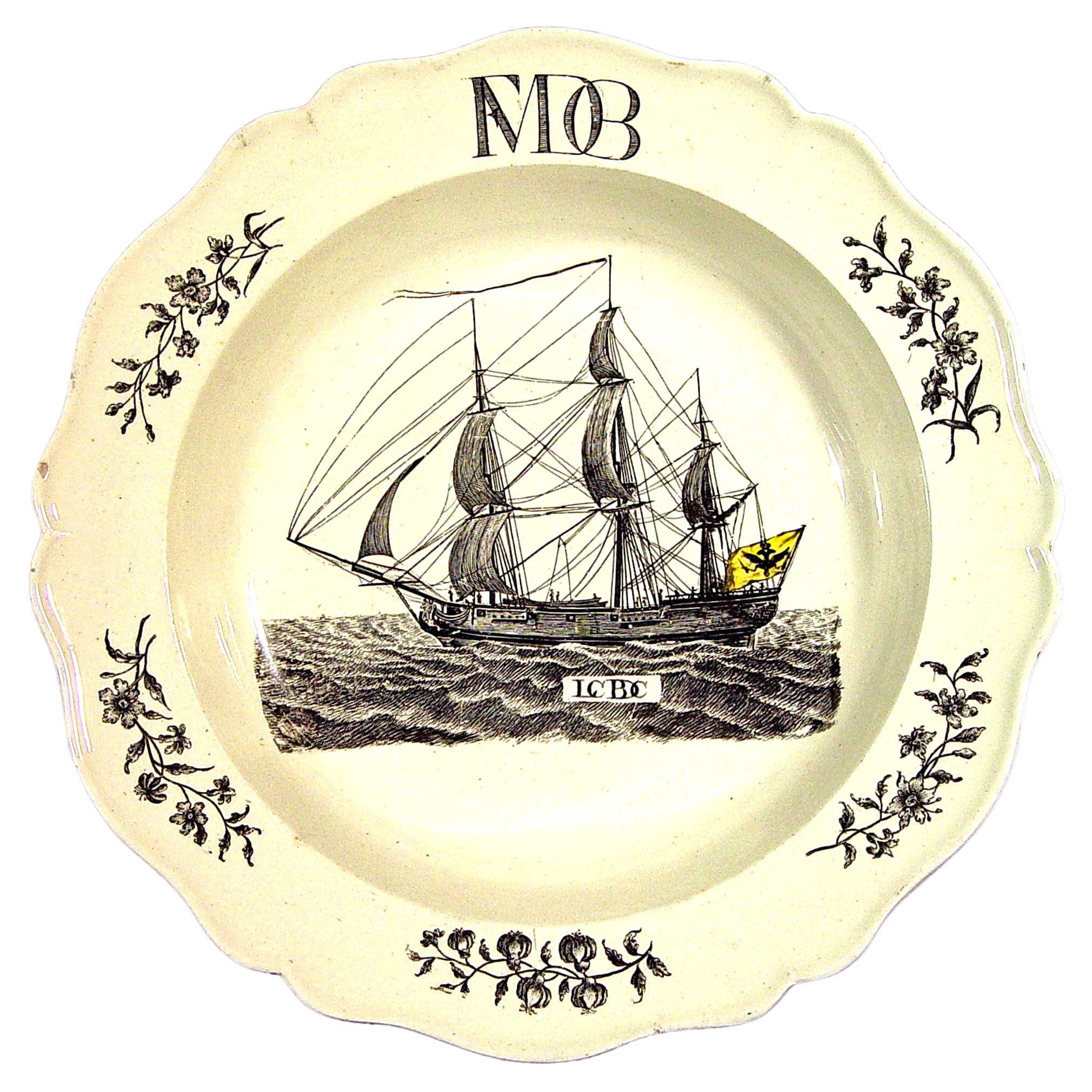 Wedgwood Creamware Soup Plate with German Ship Decoration. For Sale
