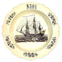 Wedgwood Creamware Soup Plate with German Ship Decoration.