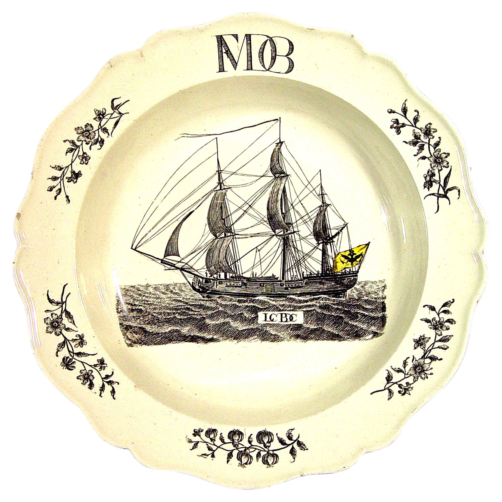 Wedgwood Creamware Soup Plate with German Ship Decoration.