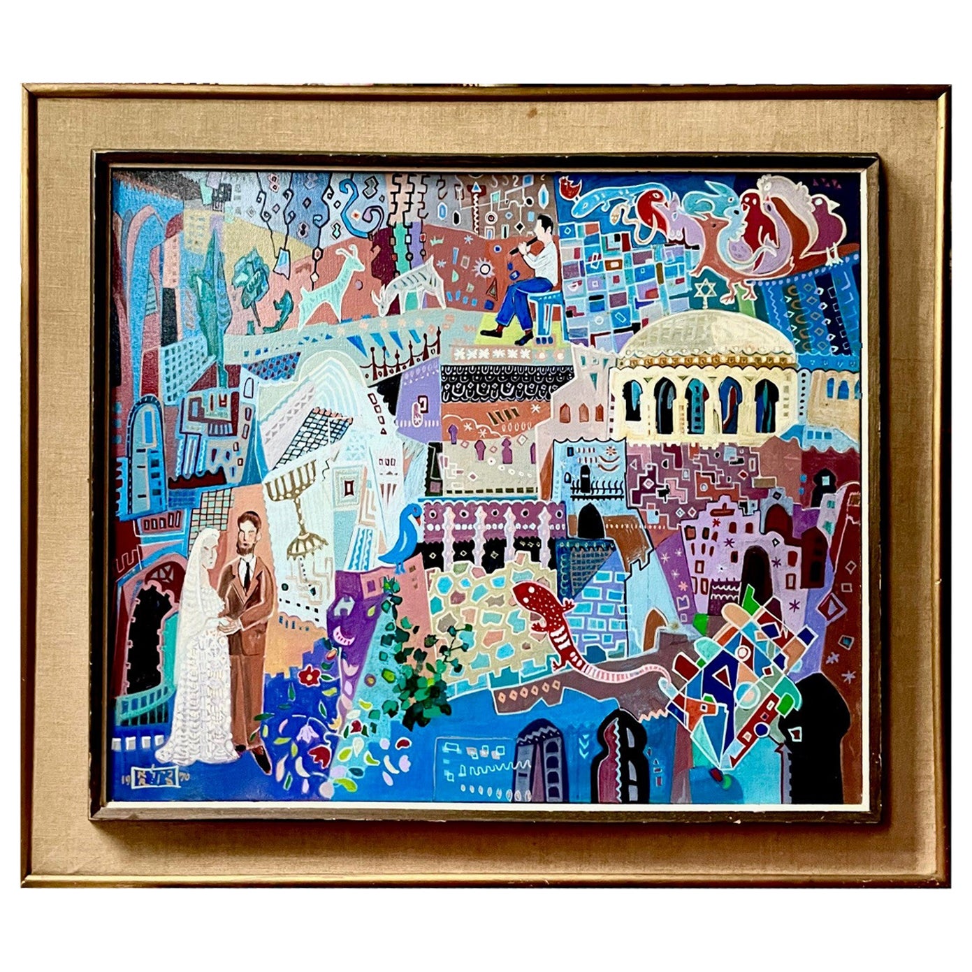 Jewish Art Acrylic Painting on Canvas, Wedding in Jerusalem Signed/Dated 1970