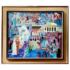Vintage Jewish Art Acrylic Painting on Canvas, Wedding in Jerusalem Signed/Dated 1970