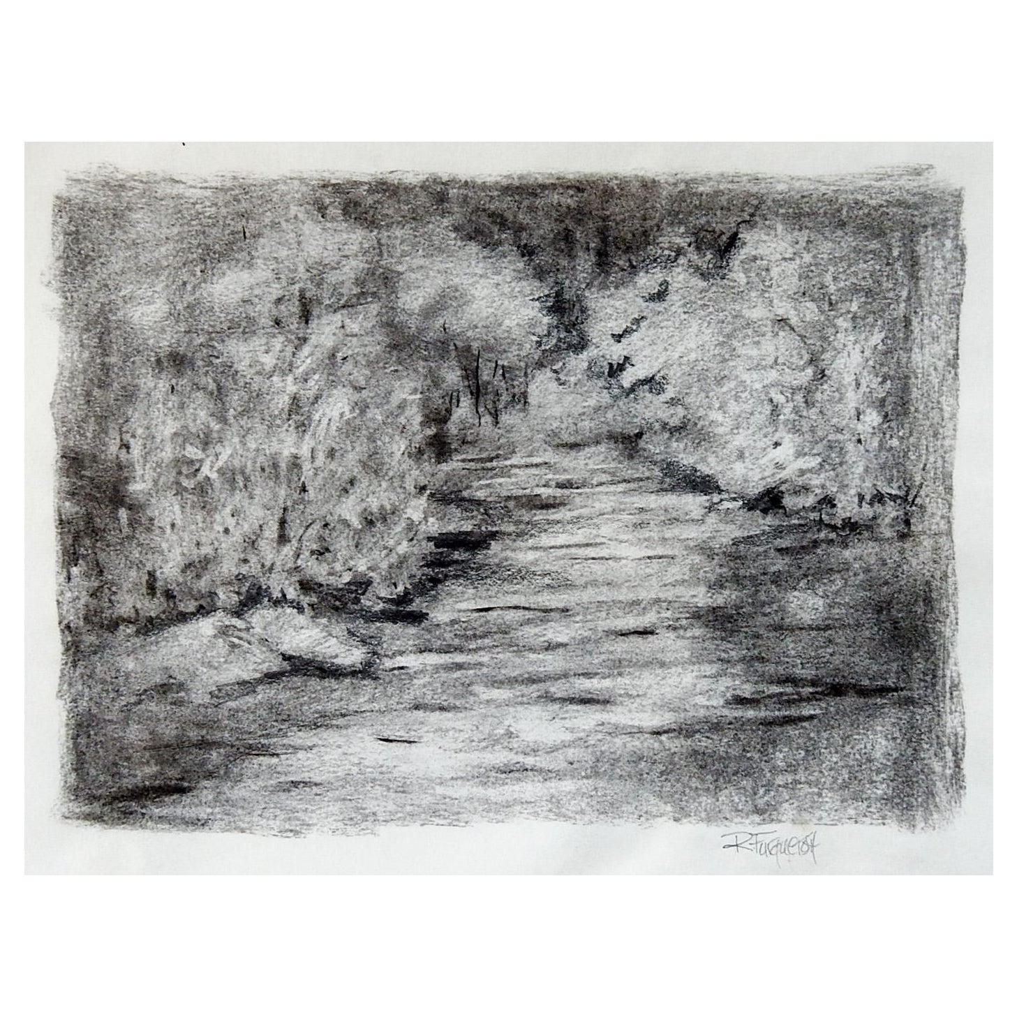 Vintage Impressionist Charcoal Forest Path Drawing