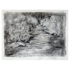 Vintage Impressionist Charcoal Forest Path Drawing