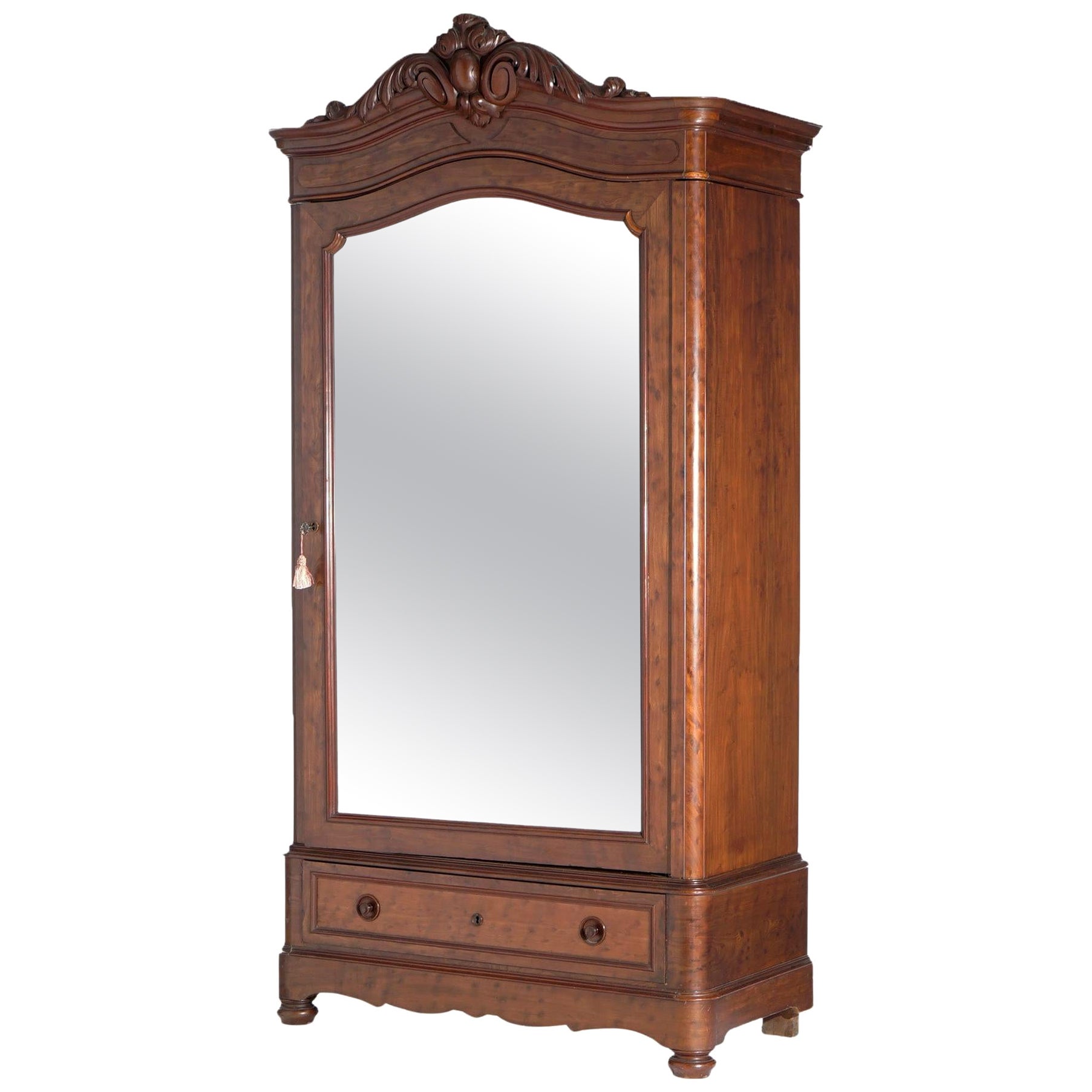 Antique Continental Carved Flame Mahogany Mirrored Armoire, C1880 For Sale